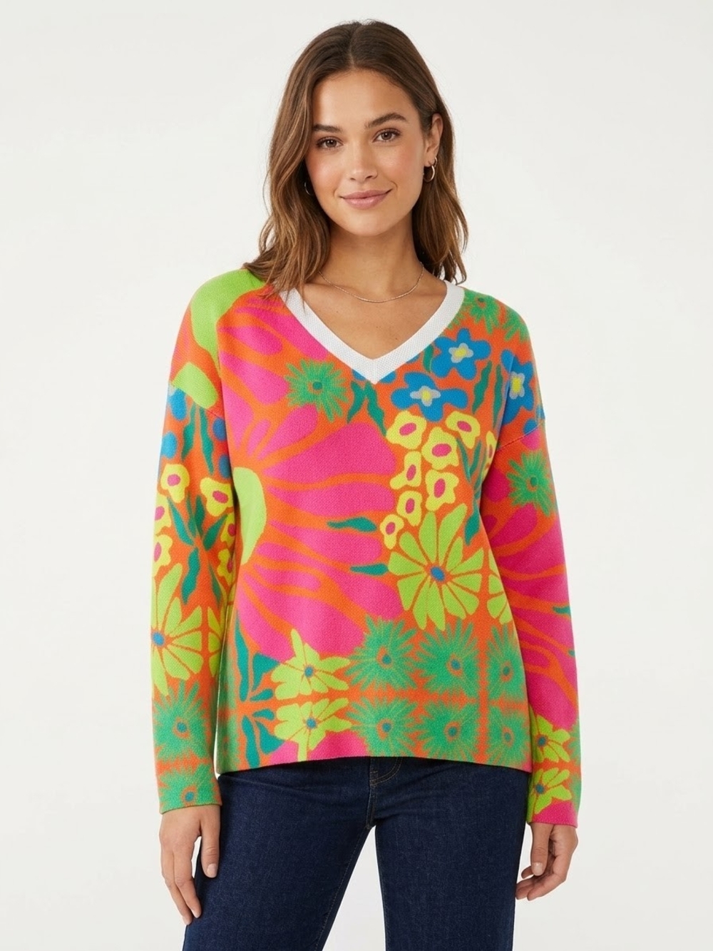 Amazon V-Neck Floral Print Sweater in Multicolor Size 2XL EUC P2P 23in.